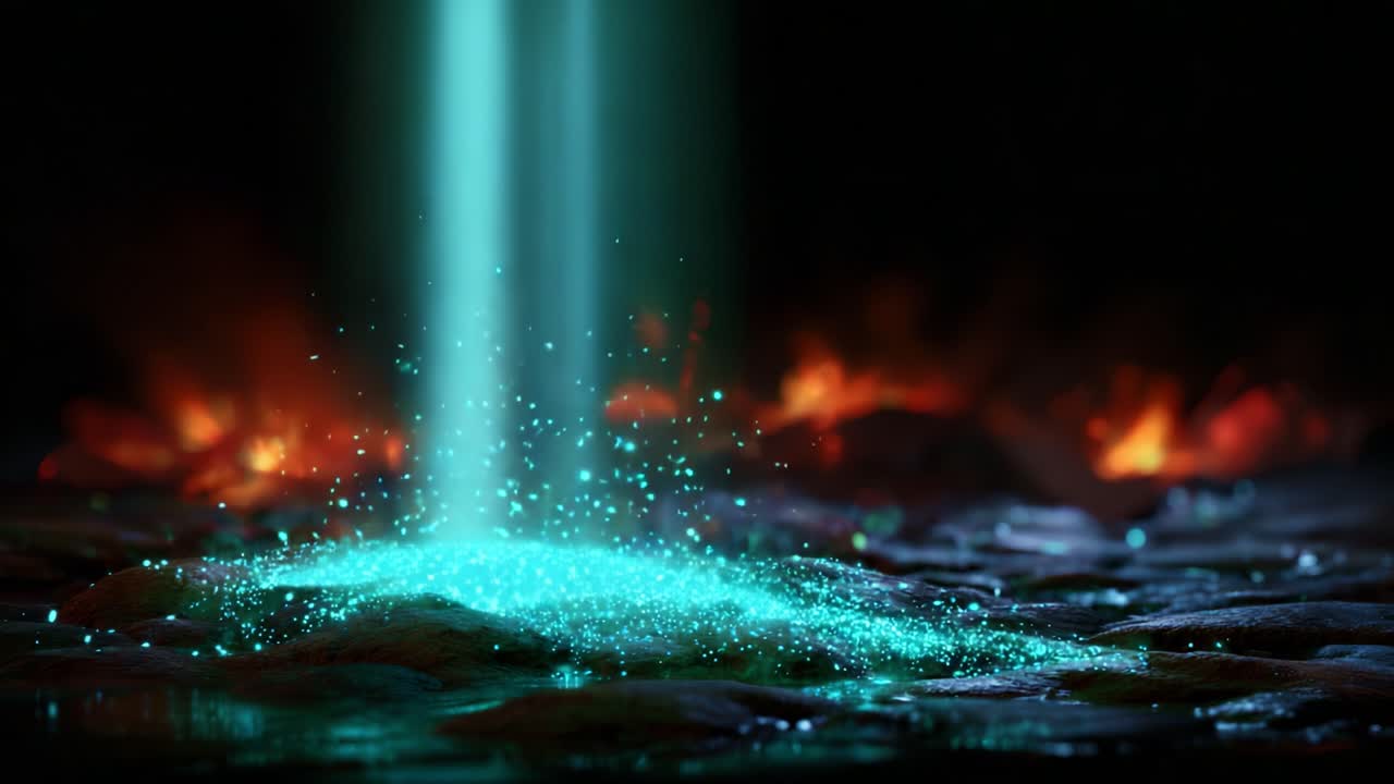 Mesmerizing Visual of Sparkling Waterfall with Illuminated Specks Above a Dark Surface Surrounded by Fiery Lights, Capturing the Beauty of Nature's Contrast and Dynamic Effects in an Enigmatic Setting