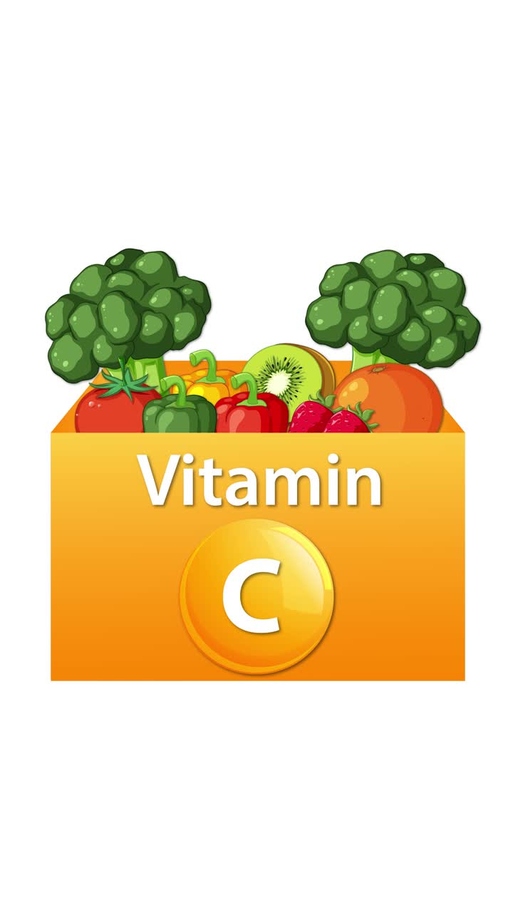 Una scatola animata di vitamina C si riempie di broccoli, kiwi, arancia e pomodoro su uno sfondo bianco pulito