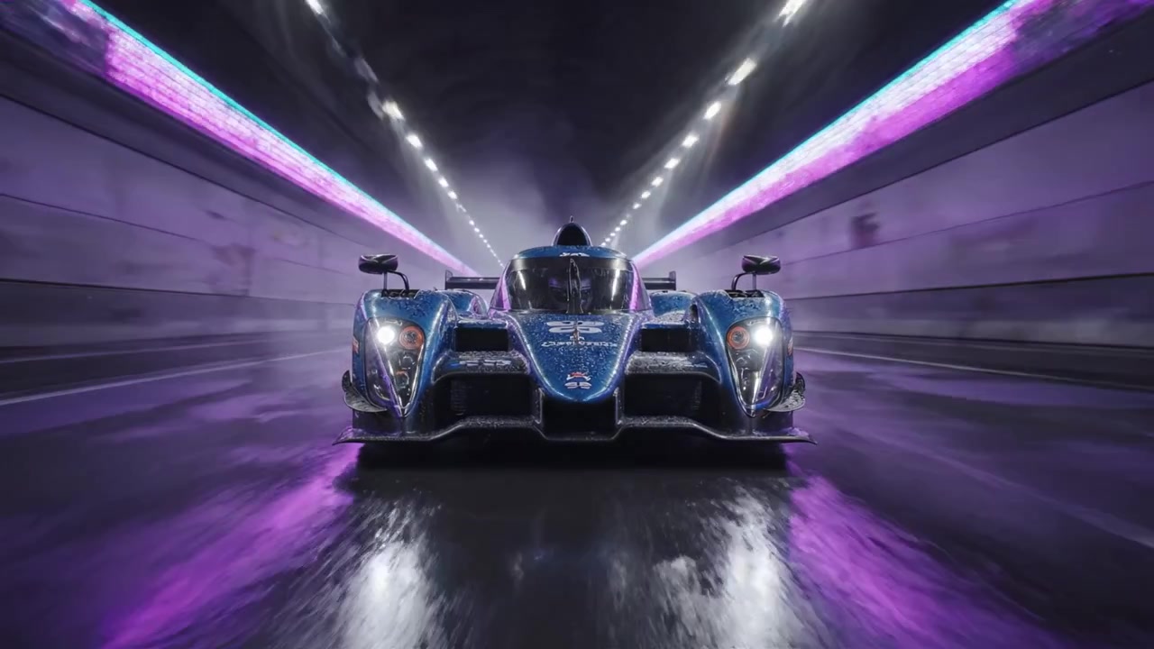 Un'Elegante Auto da Corsa Accelera Attraverso un Tunnel Futuristico, Illuminato da Vivaci Luci al Neon e che si Riflette sulla Superficie Bagnata, Mostrando Velocità ed Eccellenza nel Design