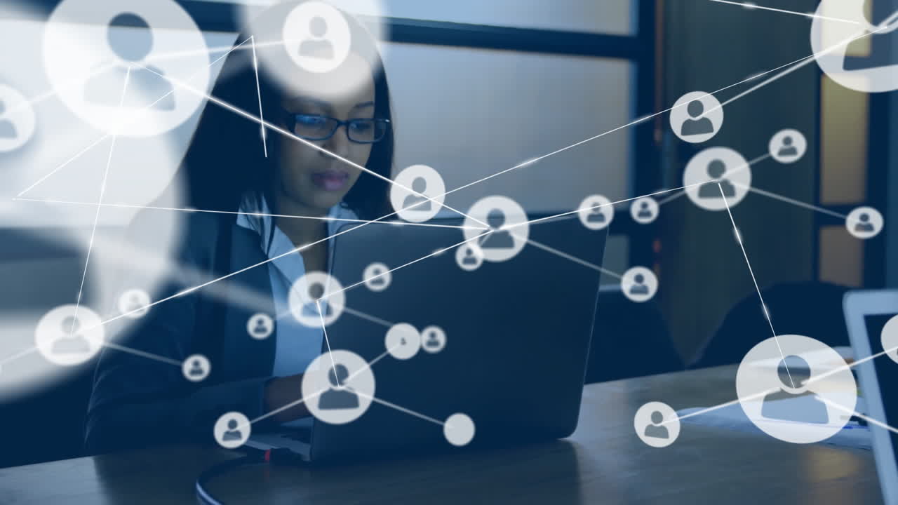 Network of connections and data processing animation over person using laptop
