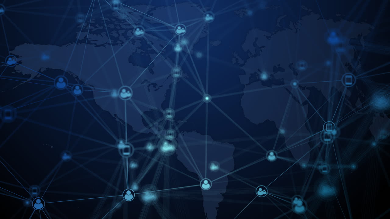 Chaotic movement of icons of Internet users and gadgets connected by lines on blurred blue background of world map. Looped animation. Social network connections.