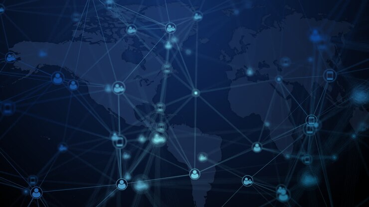 Chaotic movement of icons of Internet users and gadgets connected by lines on blurred blue background of world map. Looped animation. Social network connections.