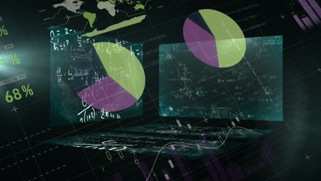 animation of statistics and data processing with mathematical equations on screens