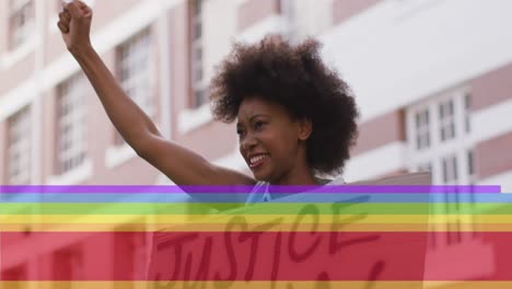 Animation-of-rainbow-flag-and-pride-over-african-amrican-female-protester-with-banner