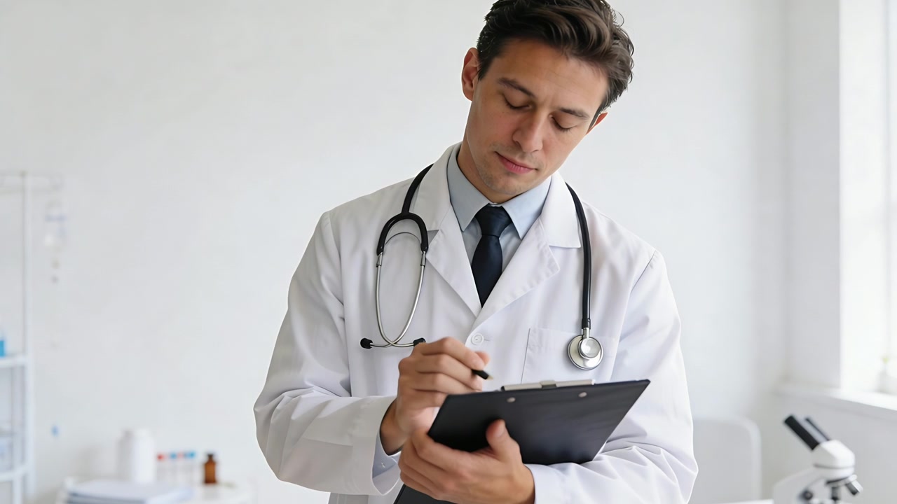 Bringing pen to clipboard, doctor in lab coat writing patient notes in clinic, showing stethoscope