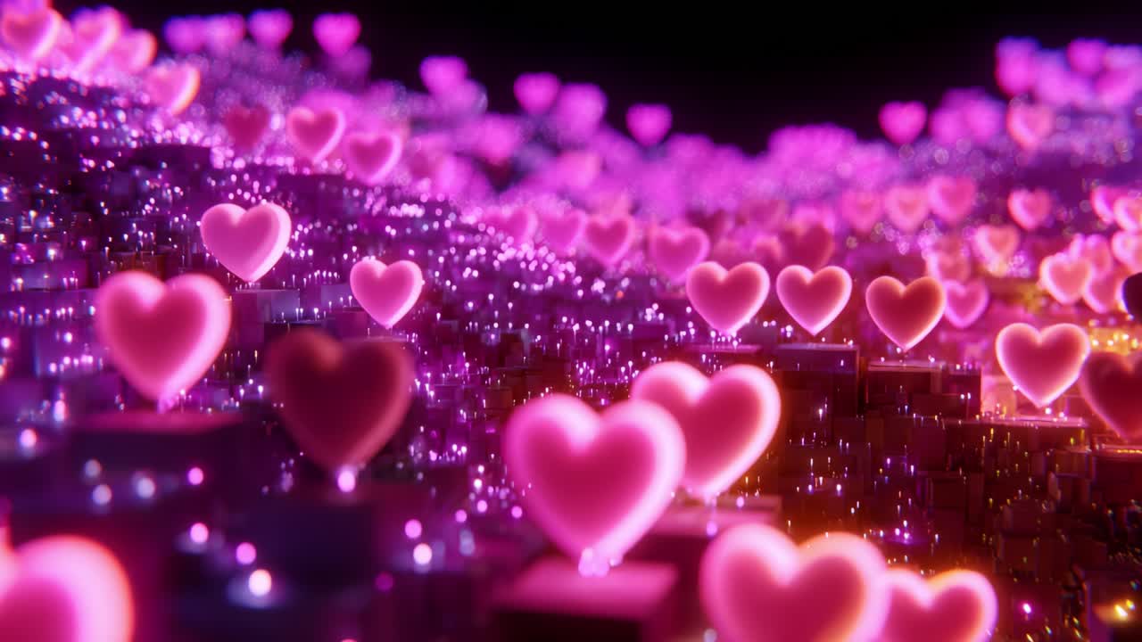 An enchanting landscape filled with shimmering pink hearts, creating a magical visual experience that evokes feelings of love and joy, set against a backdrop of soft glowing lights and vibrant hues