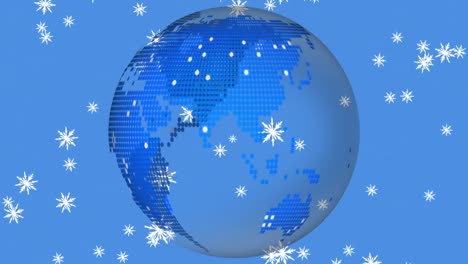 Animation-of-snow-falling-over-globe-on-blue-background