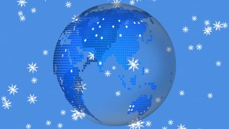 animation of snow falling over globe on blue background