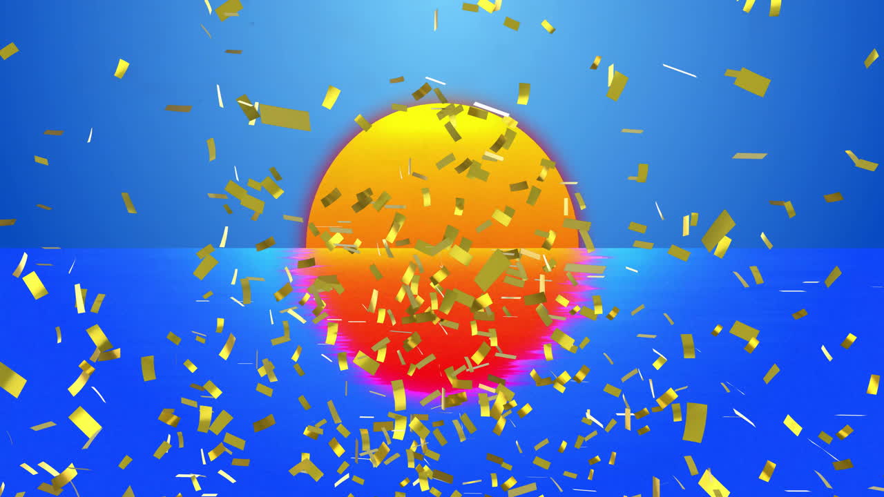Golden confetti falling against vibrant sunset over blue ocean background animation