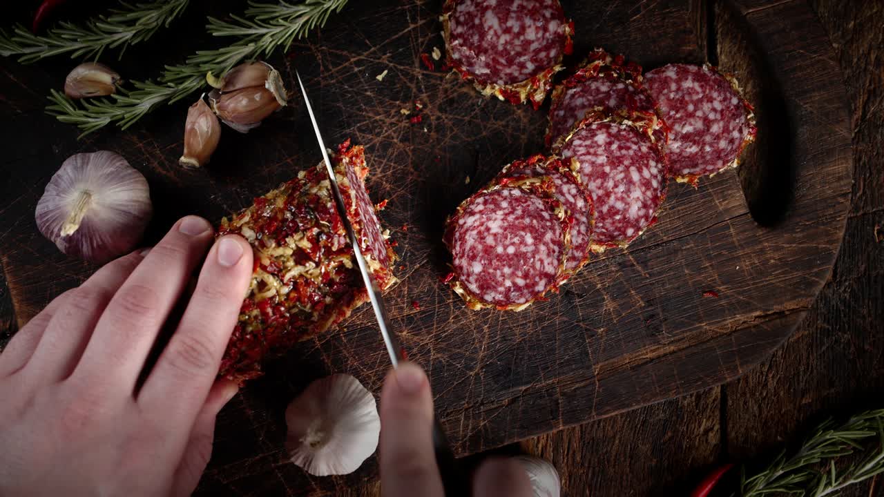 la mano masculina con el cuchillo cortó el salame en pedazos.