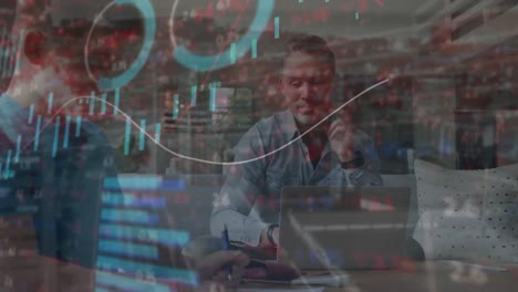 animation of data processing over caucasian father and son using laptop