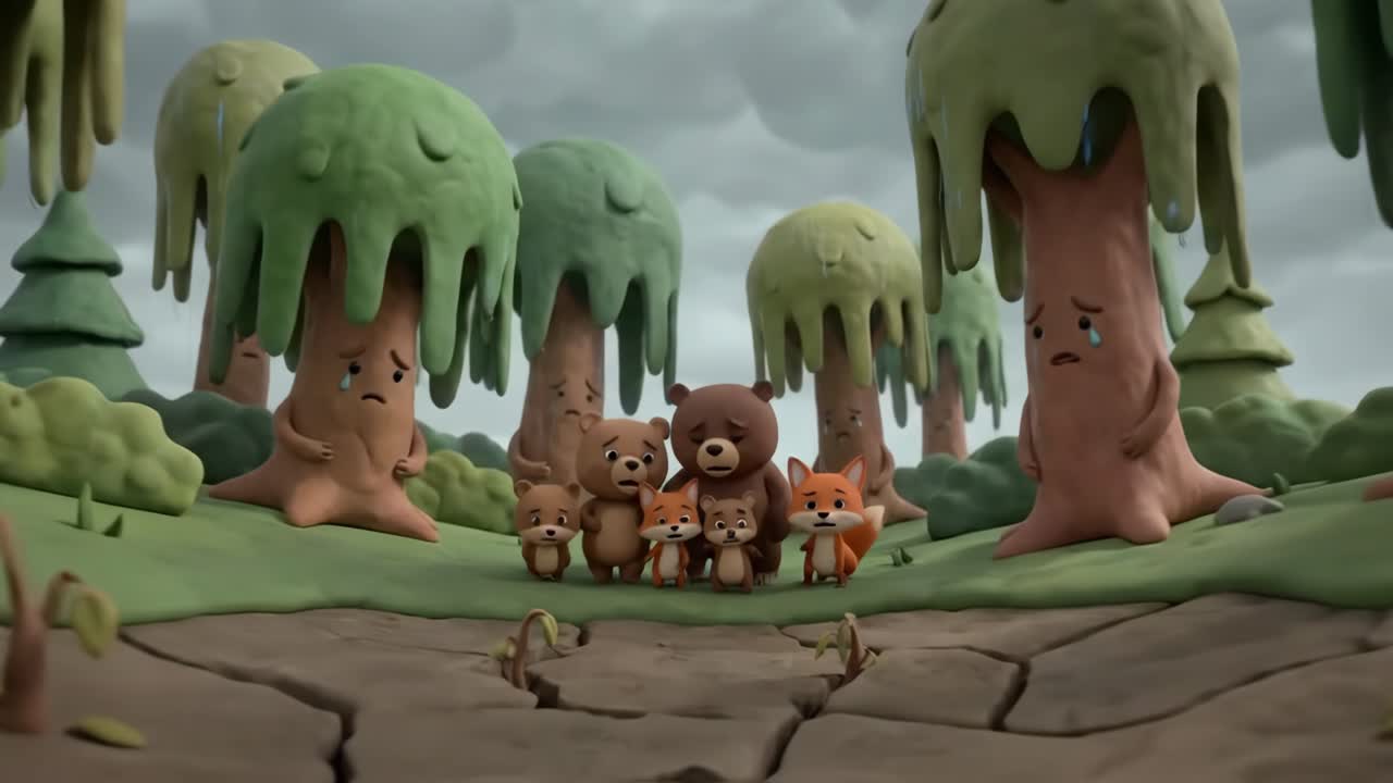 Animated Bears and Foxes Distressed by Drought in a Desolate Forest