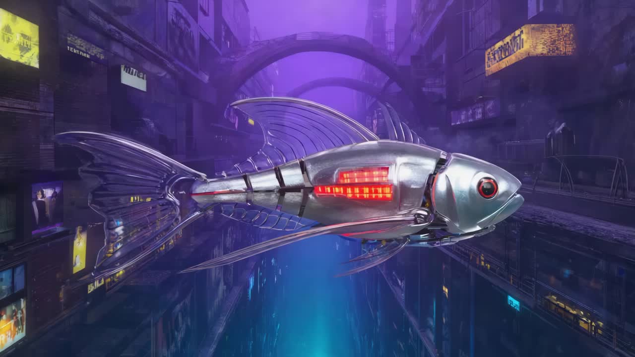 Futuristic Robot Fish in Cyberpunk Cityscape