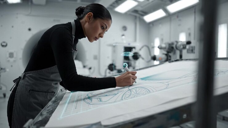 Innovative Designer Creating Cutting-Edge Vehicle Concept in High-Tech Studio with Advanced Digital Tools for a Futuristic Automotive Project