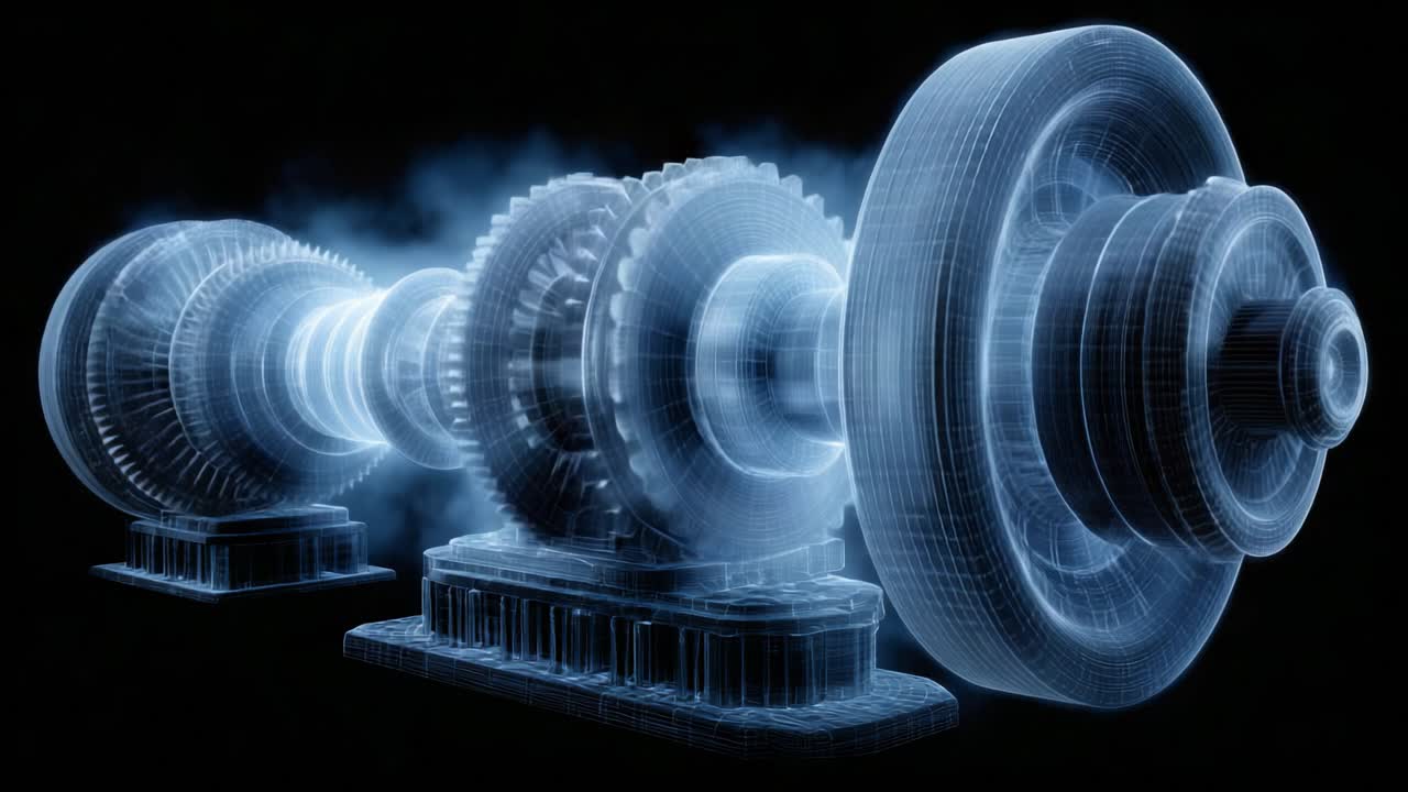 A Detailed 3D Visualization of a Turbine Engine with Advanced Engineering Design and Smoky Effects Highlighting the Mechanical Components Inside