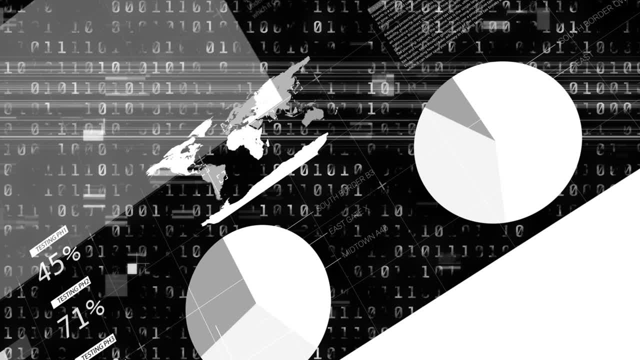 Digital animation of statistical data processing against binary coding on black background