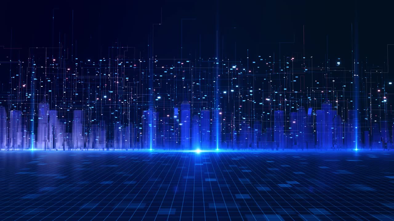 Futuristic digital city artificial intelligence technology smart city skyline data connections