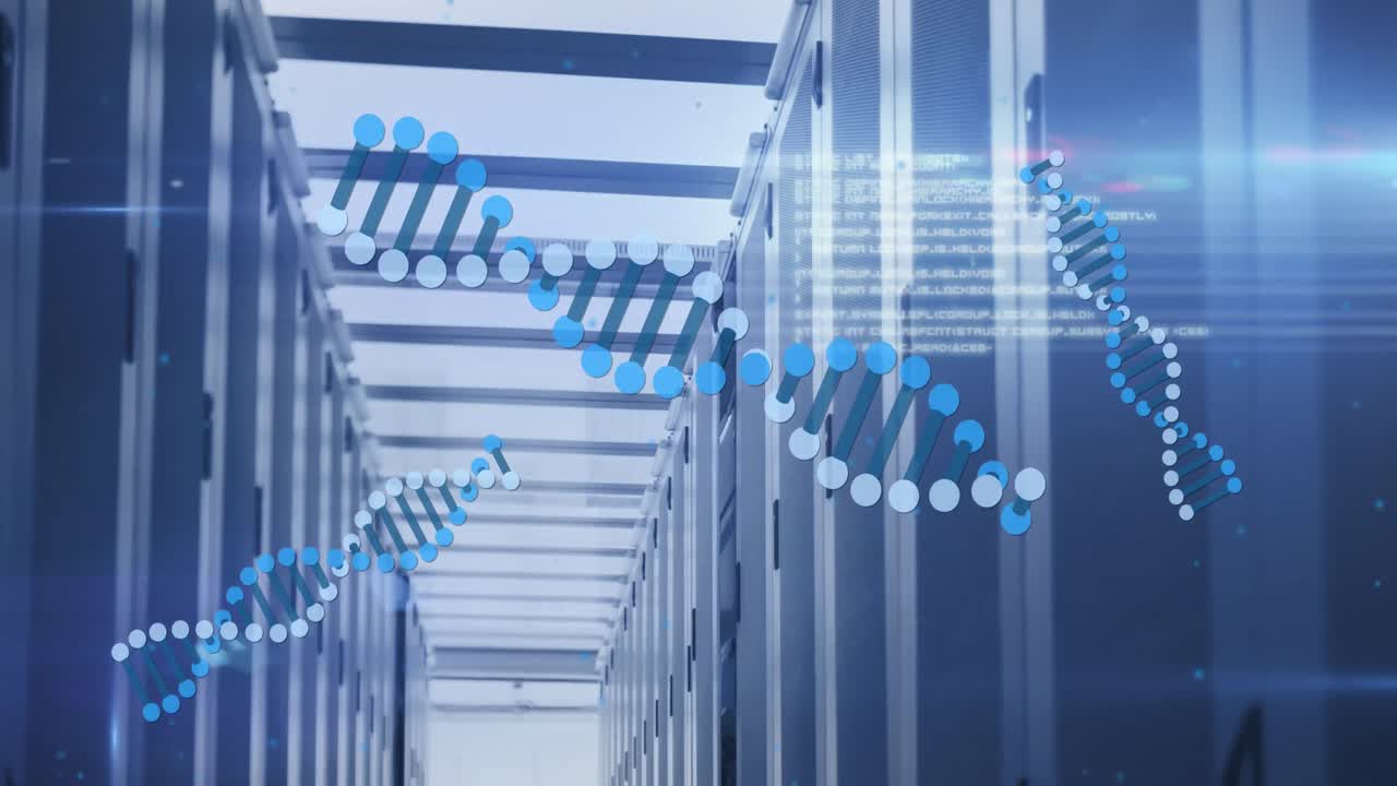 컴퓨터 서버를 통해 dna 가닥을 회전시키고 데이터 처리를 하는 애니메이션