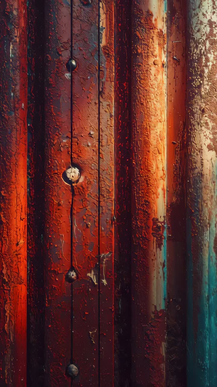 Vertical video: Starting camera panning upward over rusted container to reveal rivets, paint chips