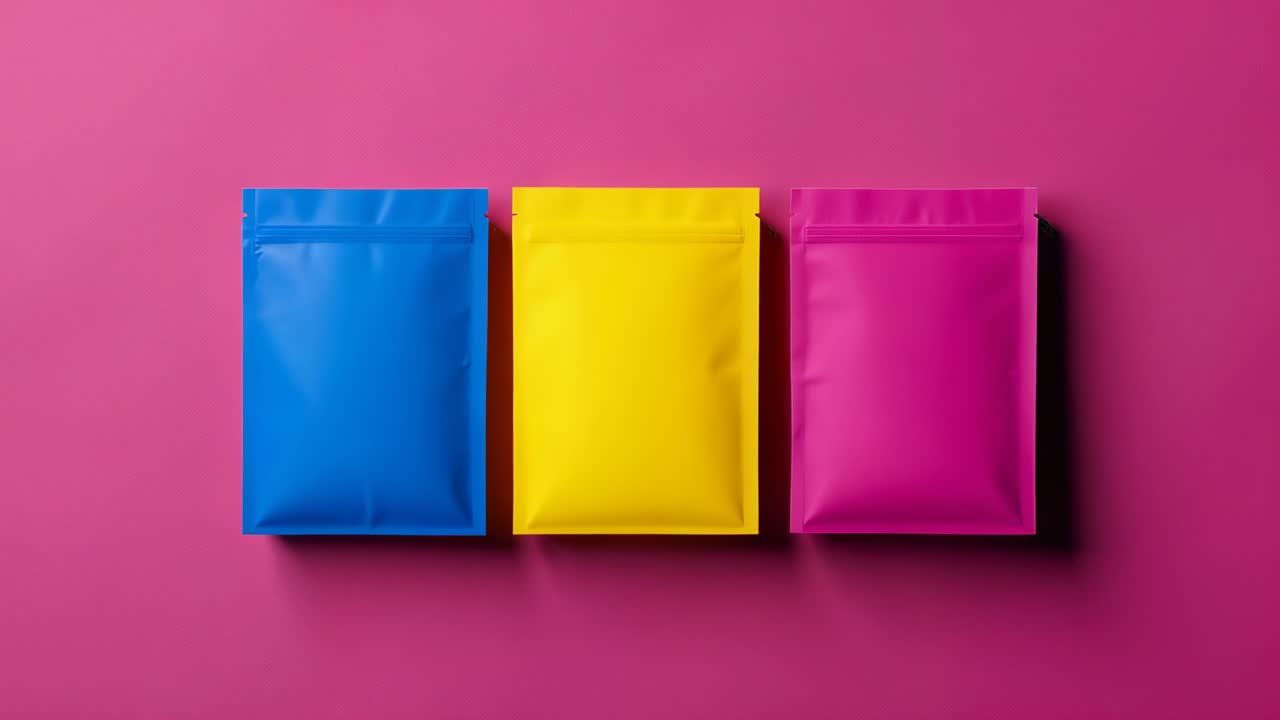 Starting shot featuring trio of resealable pouches in blue yellow magenta on pink studio set