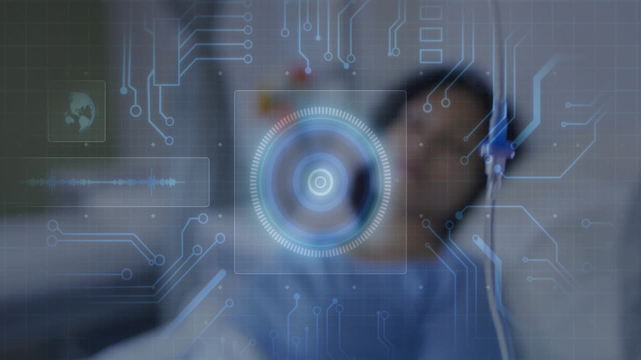 Female patient lying on hospital bed while medical tech displaying circuit overlays and scanner HUD