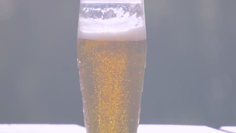 bright sunlight on fresh cool lager beer in pint glass with bubbles rising in slow motion on wooden picnic table. alcohol beverage 4k.