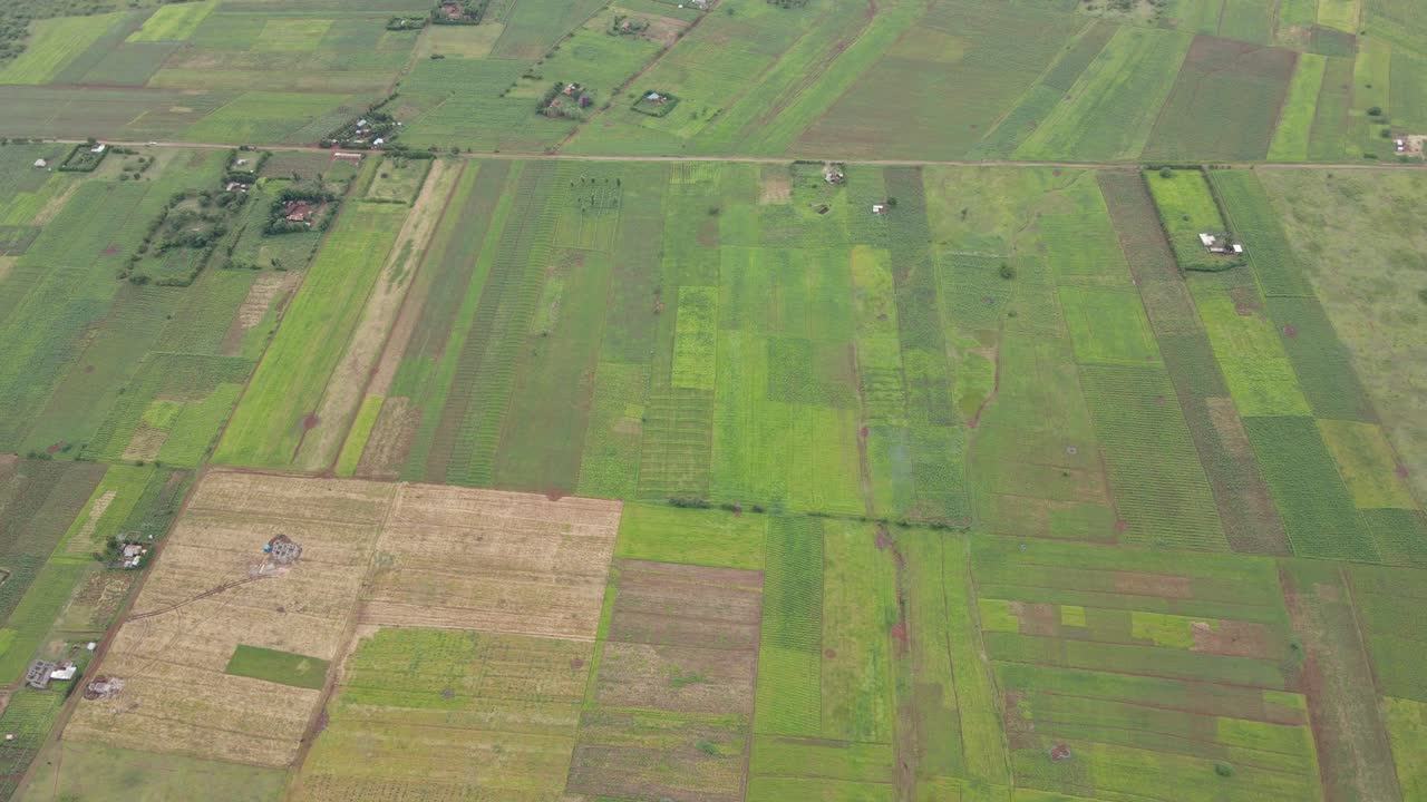 Aerial panorama of African countryside and green farmland in Loitokitok, Kenya