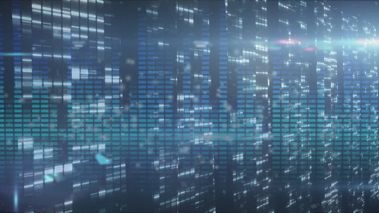 Animation of lights over data processing on blue digital space