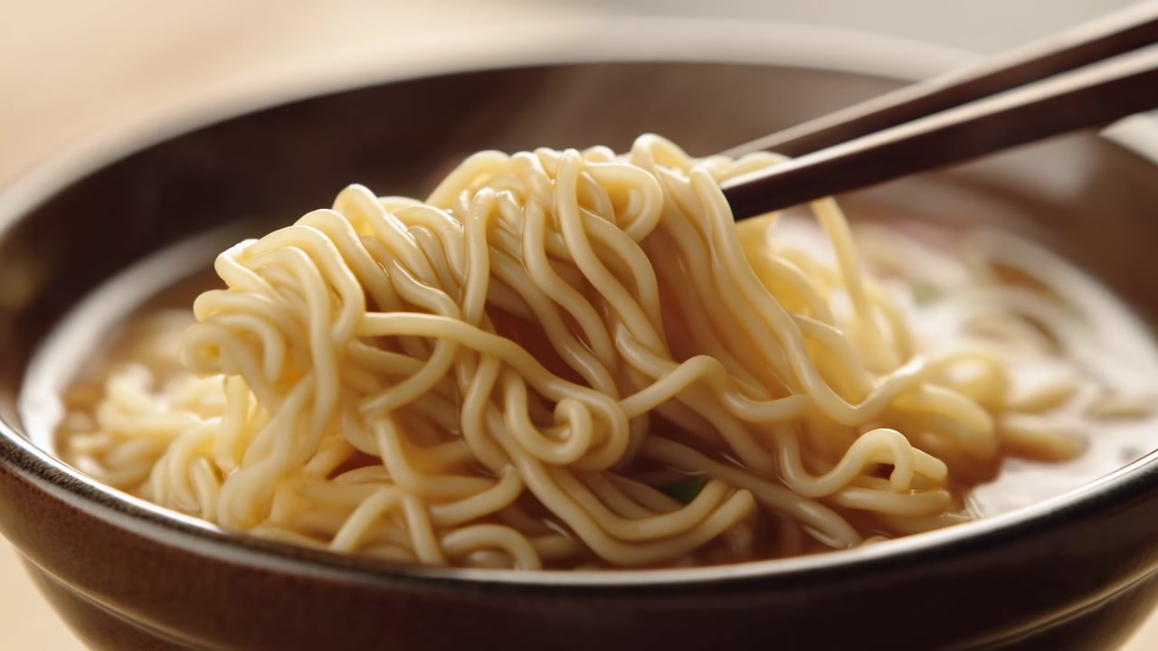 Steaming Bowl Of Ramen Noodles Lifted By Chopsticks, Closeup Showing Silky Strands Dripping Savory Broth, Warm