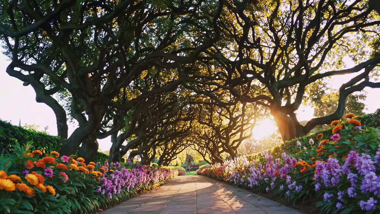 A mesmerizing low-angle video shot of a sunlit garden path lined with vibrant flowers and twisted