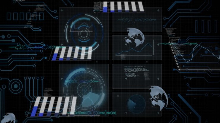 Digital data processing and global analysis animation over futuristic interface