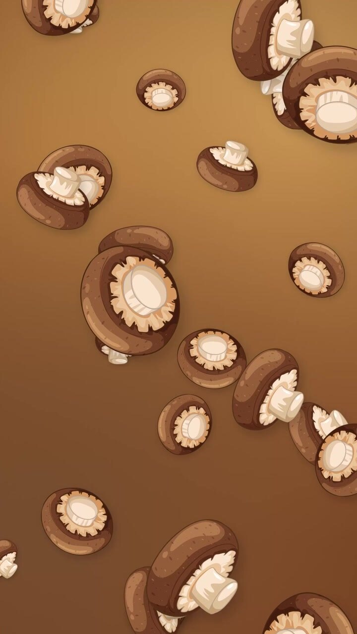 Stylized brown cremini mushrooms fall vertically against a warm brown gradient background in animation.