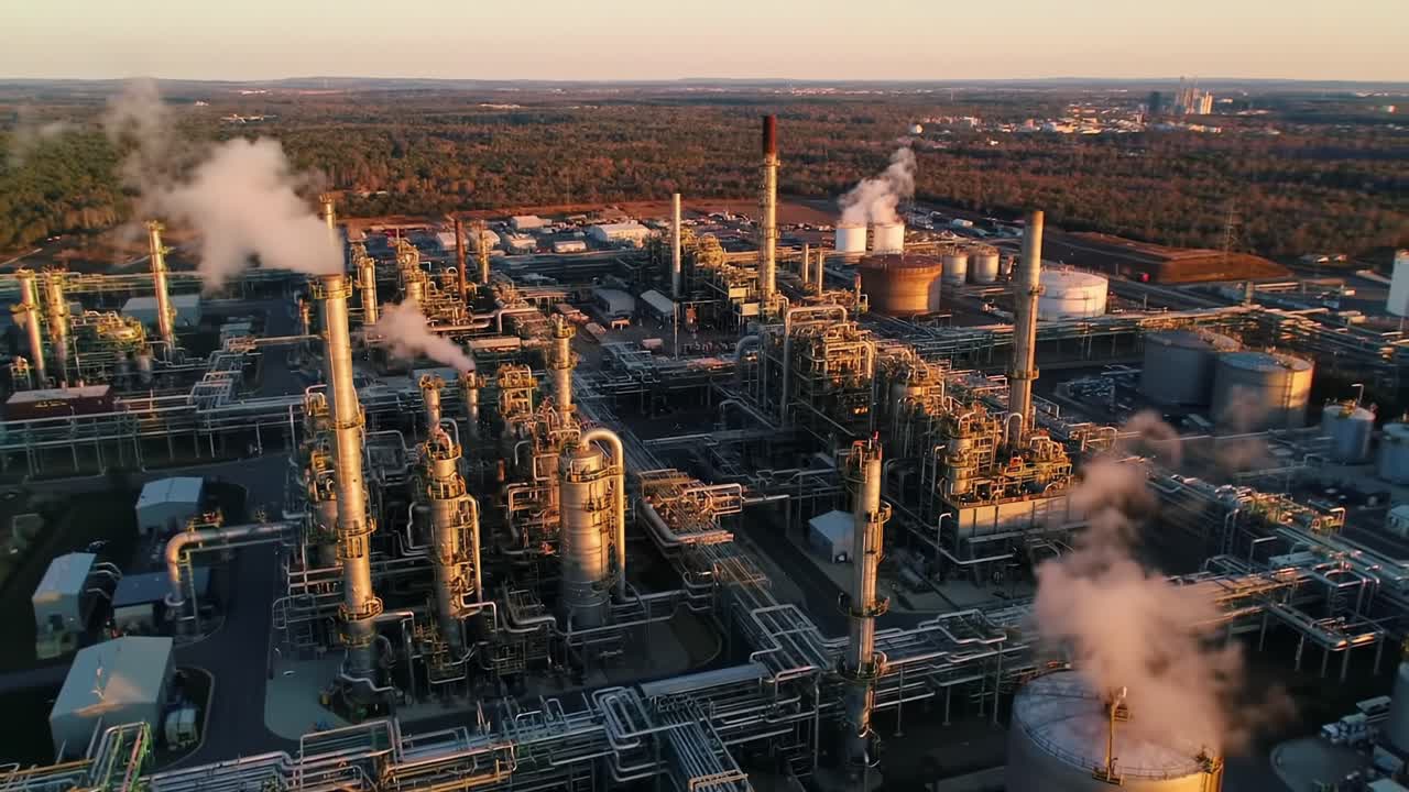 Industrial Complex Operates Efficiently in the Twilight Hours Near the Forest Outskirts