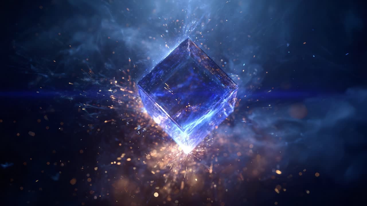 Mysterious blue cube made of pure energy or crystal rotating and tumbling through a dark cosmic environment, emitting glowing particles, sparks, and ethereal smoke in a mystical display of power