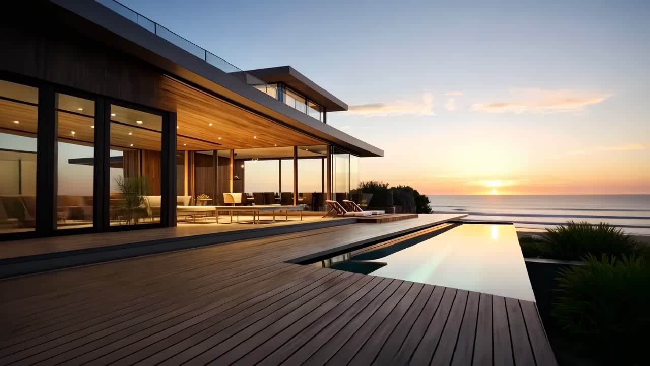 Moderne strandhus ved solnedgang, lav vinkel. Elegant design med glasvægge og pool, perfekt