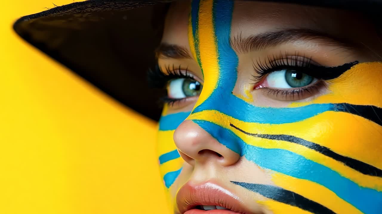 A woman with a tiger face paint on her face