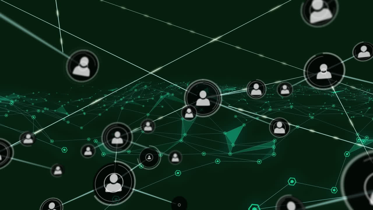 Animation of network of connections with digital people icons over green triangles