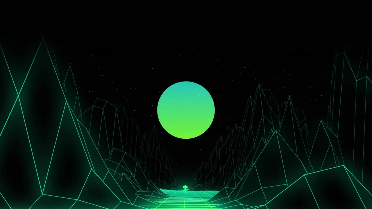Animation of glowing green circle over yellow and green neon triangles