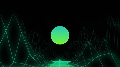 Animation-of-glowing-green-circle-over-yellow-and-green-neon-triangles