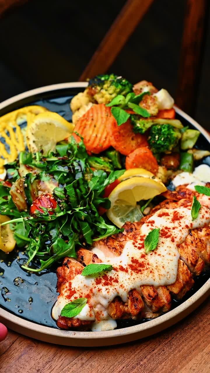 Piatto gourmet di pesce grigliato con verdure arrosto e salsa alla senape. Salmone grigliato impiattato con crema bianca, paprika, spicchi di limone, verdure arrosto e spirale decorativa di salsa alla senape.