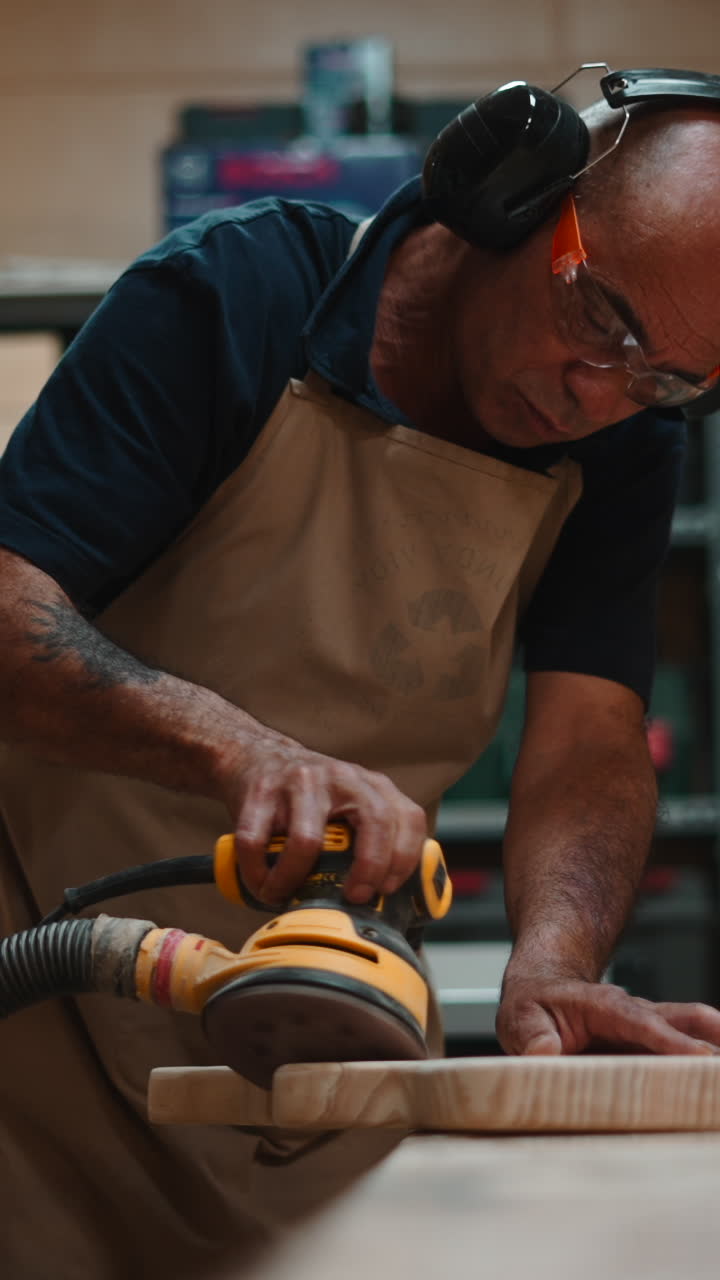 Man Sanding Wood with Orbital Sander in Workshop