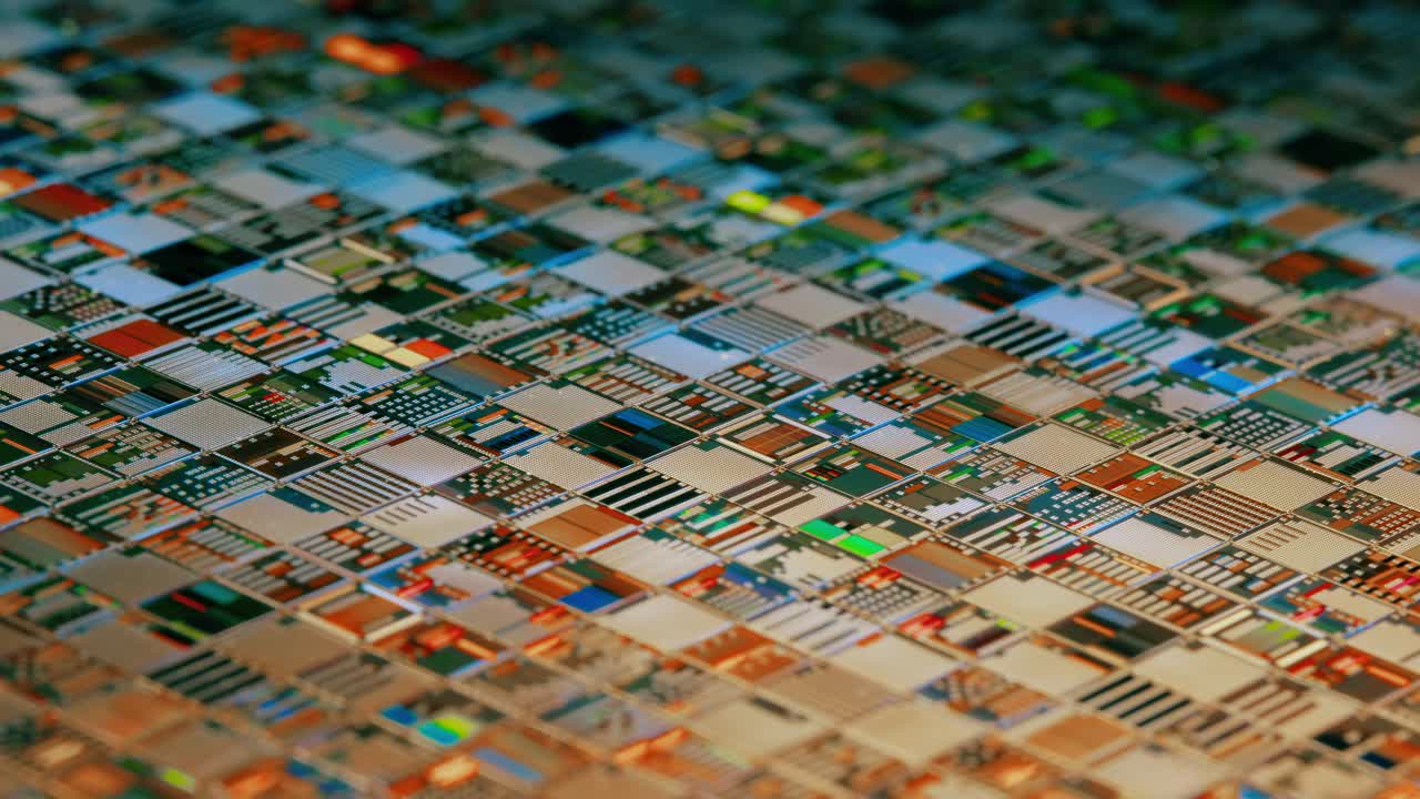Wafer semiconduttore di silicio con pattern a mosaico di die di circuito integrato.