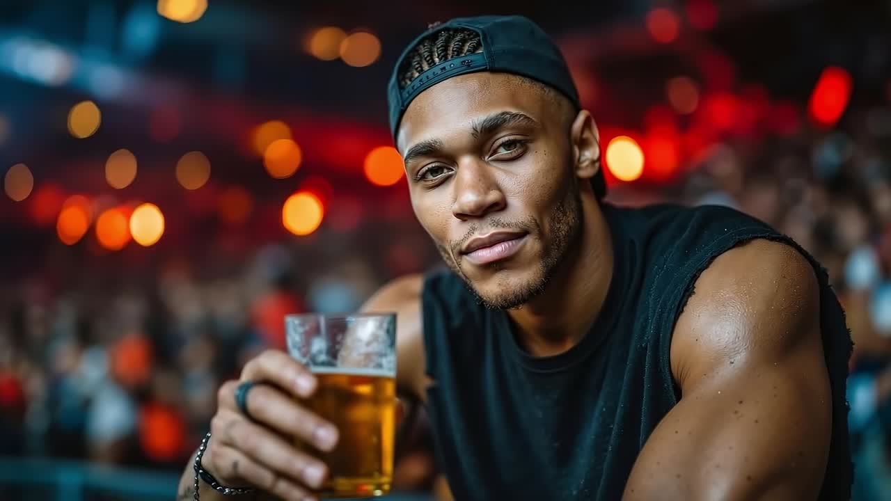 Un uomo che beve un bicchiere di birra a un concerto