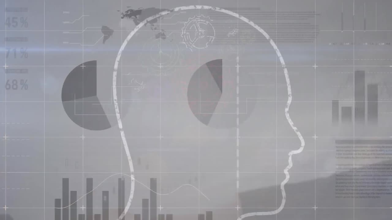 Animation of data processing over hands with keys and hand drawing