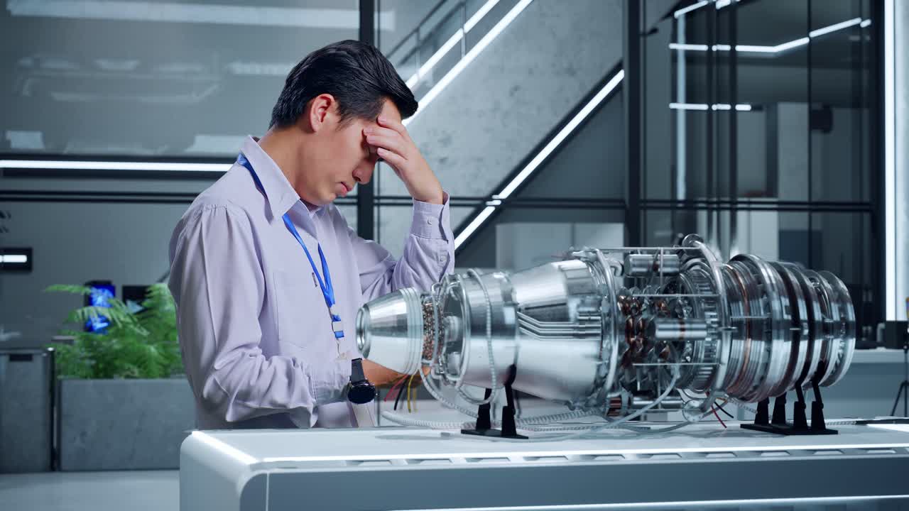 제트 엔진 수리를 위해 고군분투하는 엔지니어