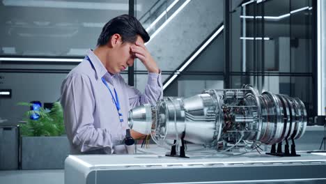 engineer struggling with jet engine repair