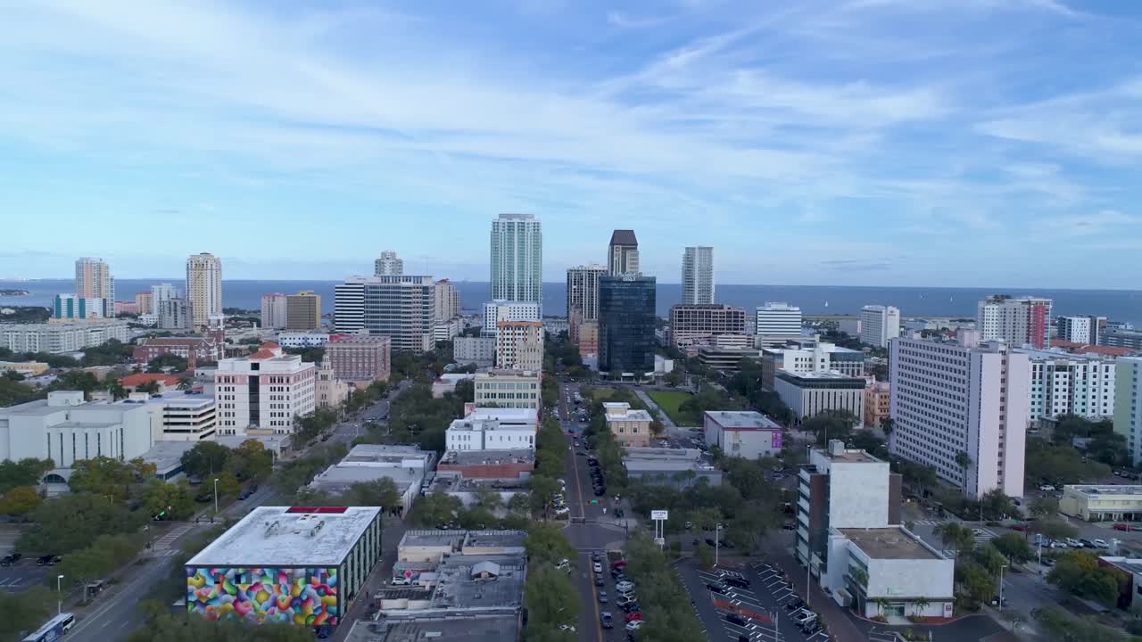 4K Aerial Video of Waterfront Downtown of St Petersburg, Florida on Central Avenue from 4th Street and 7th Street