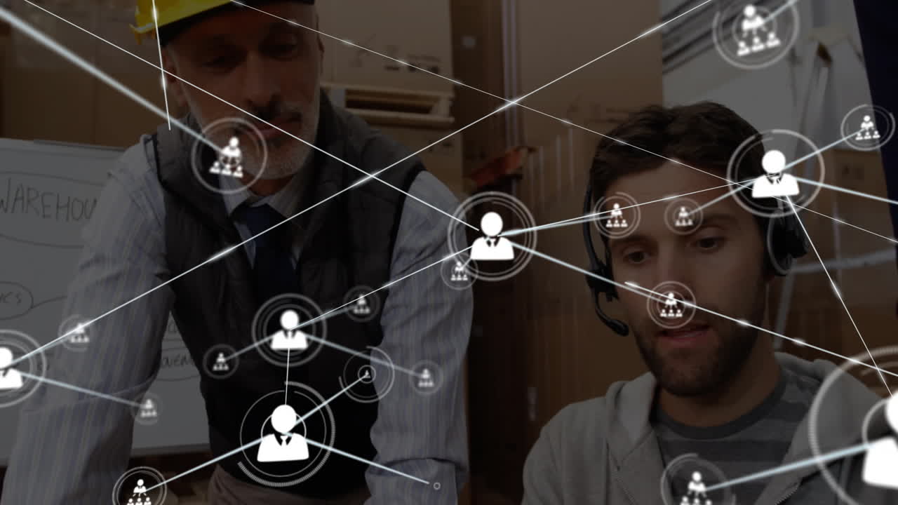 Network of connections and data processing animation over two men working together