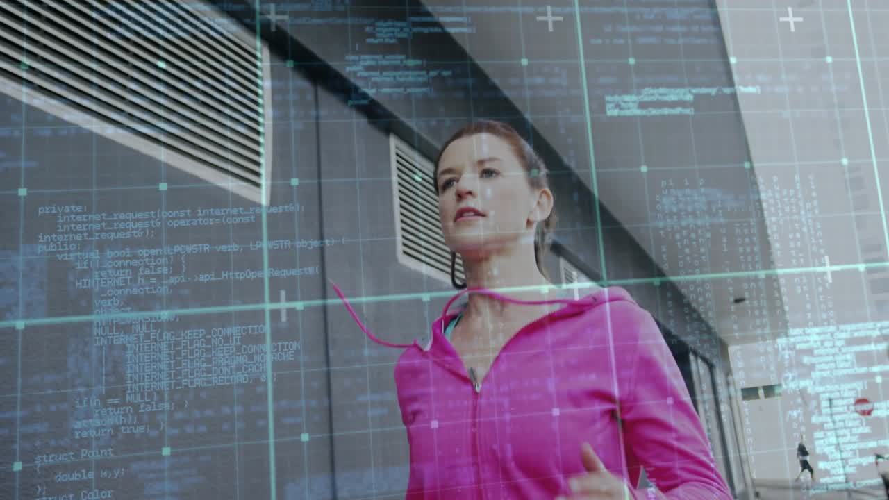 Mid-adult woman jogging in pink hoodie while low tracking camera starting HUD monitoring fitness