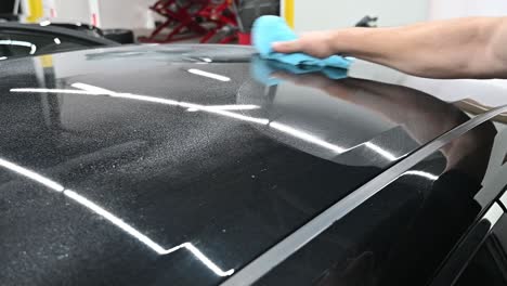 polishing top of vehicle with microfiber cloth, close up slow motion shot